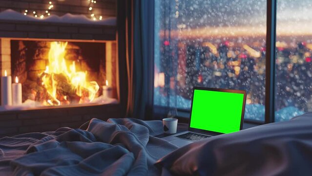 Laptop with replaceable chroma key screen in apartment bedroom before wide window with winter cityscape, looped footage