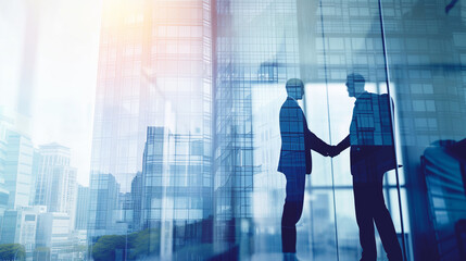 Double exposure image of business people handshake on city office building in background showing partnership success of business deal. Concept of corporate teamwork, trust partner and work agreement.