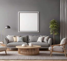 Contemporary style living room interior with wooden floor, simple grey and beige colors. Wall frame mock up for product display, wall art or photo gallery.