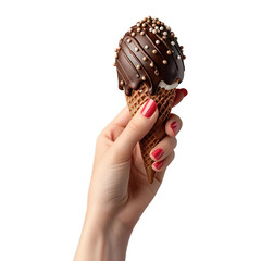 Woman hand holding tasty chocolate covered ice cream Isolated on transparent background. - obrazy, fototapety, plakaty