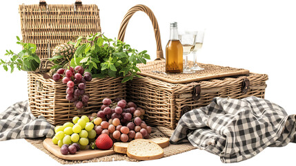 outdoor dining setup with picnic basket isolated on white background png  - obrazy, fototapety, plakaty
