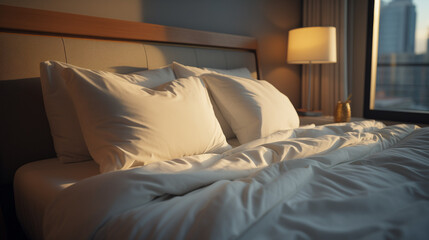 Fototapeta na wymiar 현대적인 호텔의 따스한 아침 조명이 비치는 침실
