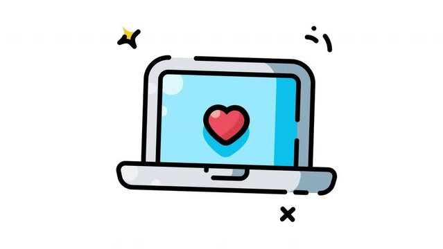 Animated laptop with heart on screen suitable for love, technology, dating, relationships, online communication, virtual dating, digital love, and social media.