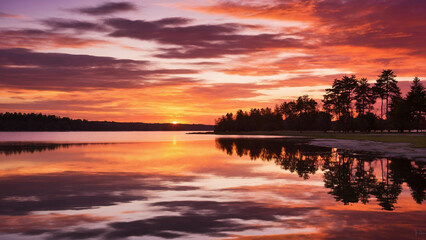 Fototapeta na wymiar Tranquil silhouette of trees lining the shores of a glassy lake as the fiery hues of the setting sun paint the sky in a symphony of oranges, pinks, and purples