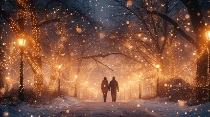 Winter Walk: A Romantic Nighttime Stroll Under the Lights Generative AI
