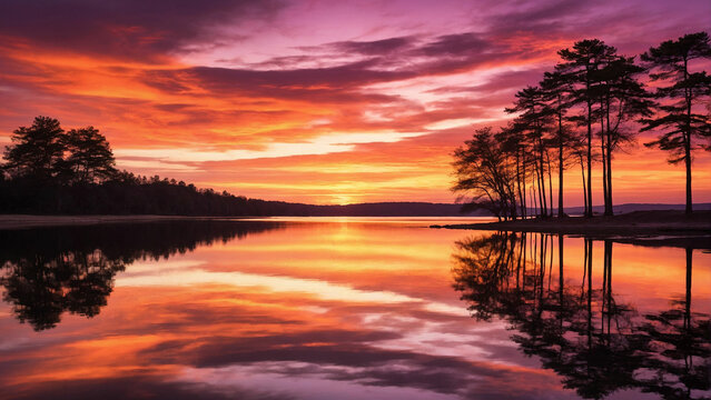 Tranquil silhouette of trees lining the shores of a glassy lake as the fiery hues of the setting sun paint the sky in a symphony of oranges, pinks, and purples