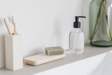 Minimalist bathroom showcasing eco-friendly personal care products.