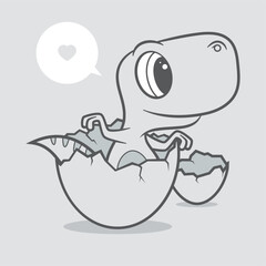 Vector funny cartoon baby Dinosaur in egg. Grey background.