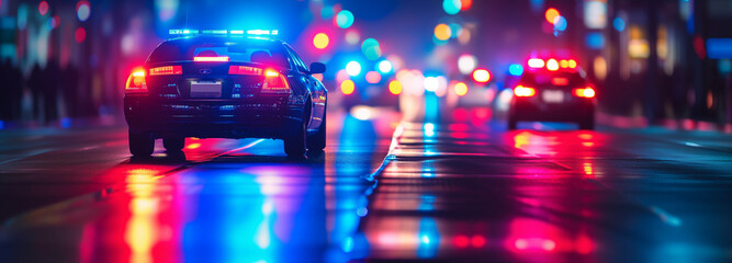 Police car on the road at night, responding with flashing lights - obrazy, fototapety, plakaty