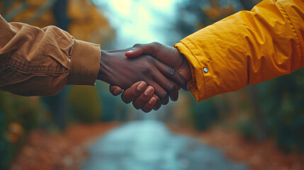 Rainy Day Partnership Handshake.
Two individuals shaking hands on a rainy path surrounded by greenery.