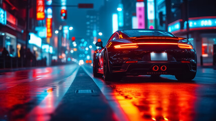 Long exposure of speeding super car in the middle of highway of huge city, night lights, car light trails and blurred lights, speed motion blur background, super fast car, modern transport, luxury 