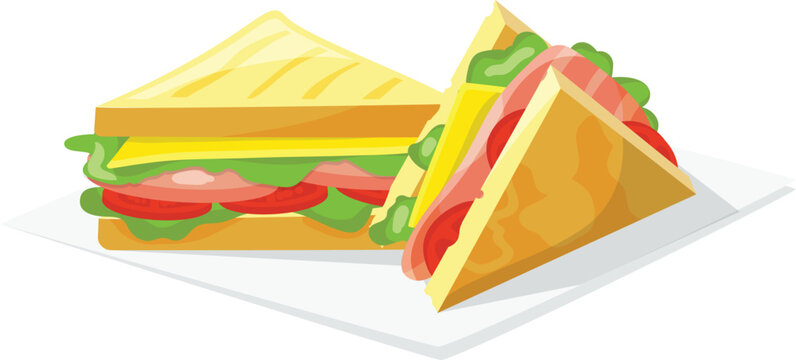 Two triangle sandwiches cheese, ham, tomatoes, lettuce. Fresh deli sub sandwich graphic. Delicious lunch food, healthy eating concept vector illustration