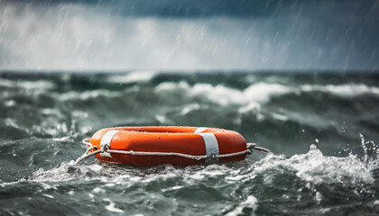 Lifebuoy floating on sea in storm weather, World Rescue day,