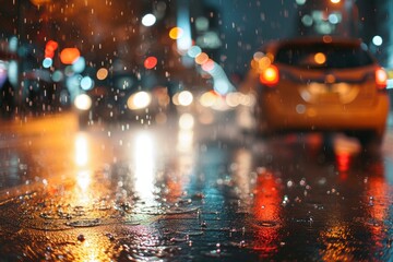 Rainy urban blurred background, night city lights from car headlights and lanterns, cars driving on...