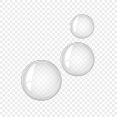 Transparent water bubbles. Soap bubble, crystal glass ball. Beauty product, moisture, skincare transparent bubbles top view, scatter splashes
