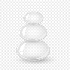 Horizontal stack transparent water bubbles. Soap bubble, crystal glass ball. Beauty product, moisture, skincare transparent bubbles top view, scatter splashes