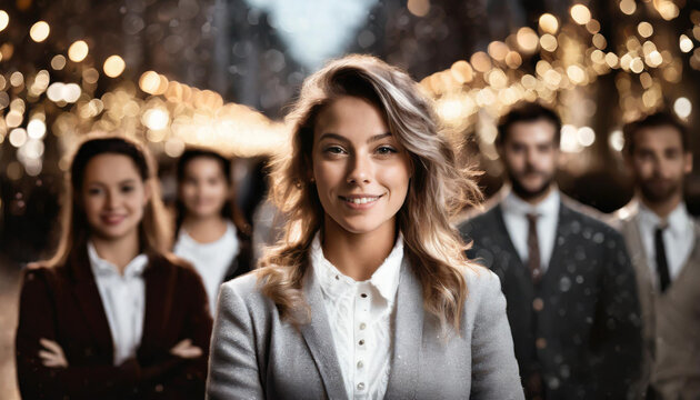 Large Group Of Serious People Standing On The Street Looking At The Camera. In The Center Stands A Woman In Focus.