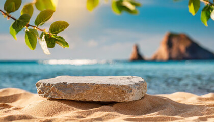Fototapeta na wymiar Summer sand and sea product placement background with empty flat stone podium