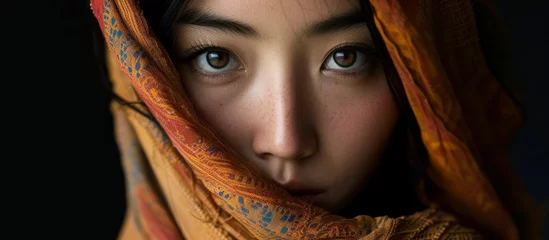 Möbelaufkleber A detailed shot focuses on a woman's face partially covered by a scarf, revealing her nose, eye, eyelash, jaw, and iris. © AkuAku
