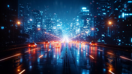 Long exposure of city cars and traffic, in the middle of highway of huge city with skyscrapers. Blue and yellow light trails and blurred lights speed motion blur background, night drive, city traffic