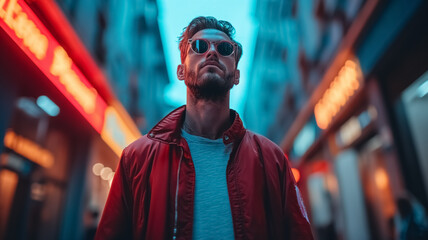 Obraz premium Man standing in the street wearing eyeglasses, wearing red clothes, worms-eye view, evening lights, blurred background, colored image, going to the club
