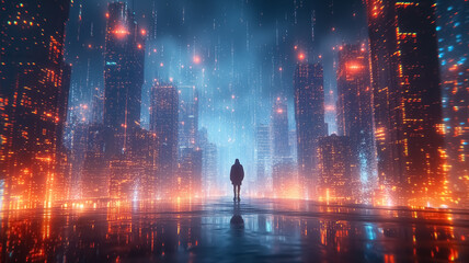 A person standing in the Meta verse, illustration of huge city on meta verse, blue background, virtual reality and blockchain