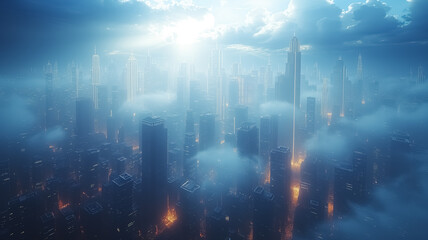 Obraz premium Huge megapolis with skyscrapers in fog. Foggy weather in the city, moody colors, city in fog, view from the above