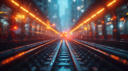 Cinematic image of subway outside run in the huge city from one station to another, aerial view of train through huge skyscrapers, cars and the city. Above the skyline, evening view.
