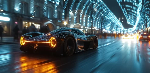 Foto op Canvas Long exposure of speeding super car in the middle of highway of huge city, night lights, car light trails and blurred lights, speed motion blur background, super fast car, modern transport, luxury  © Loucine