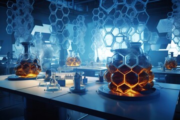 Futuristic laboratory with glowing chemical structures