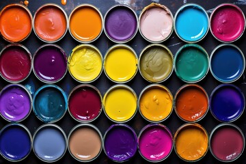 Fototapeta premium Top view of colorful paint cans