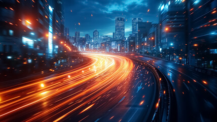 Fototapeta na wymiar Long exposure of city cars and traffic, in the middle of highway of huge city with skyscrapers. Blue and yellow light trails and blurred lights speed motion blur background, night drive, city traffic