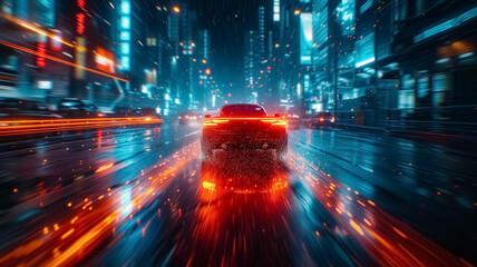 Long exposure of city cars and traffic, in the middle of highway of huge city with skyscrapers. Blue and yellow light trails and blurred lights speed motion blur background, night drive, city traffic