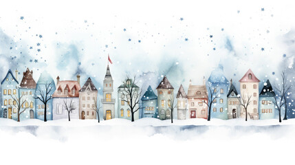 Watercolor winter town houses border background landscape cute cityscape illustration card, poster, print, transparent background christmas new year - generative AI
