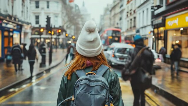 Beautiful red-haired girl in a white hat with a backpack walks through the city.