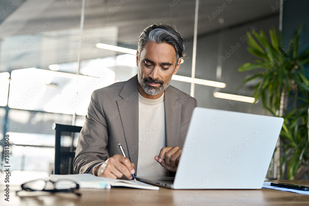 Wall mural busy mature business man, middle aged professional executive manager lawyer wearing suit writing not