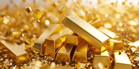 Bounty Of Gold Bars And Floating Ingots Piled High, White Background. Сoncept Luxurious Gold Bar Display, Floating Ingots, White Background, Wealth And Abundance
