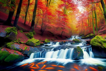 Autumn forest views and beautiful waterfalls