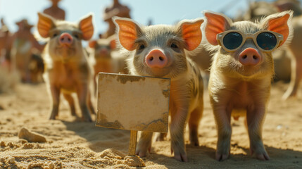 Naklejka premium funny piglets on the beach