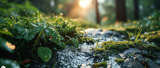 Morning sunlight filters through the foliage, casting a warm glow on the dew-soaked leaves in a peaceful garden