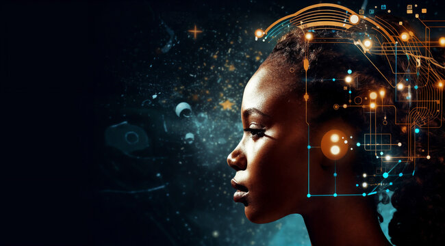 a woman with a futuristic head and glowing lights in the background of her face and a circuit board in the foreground, generative ai