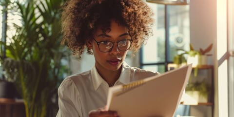 African Woman With Curly Hair And Glasses Analyzes Company Records In Office. Сoncept Corporate Analysis, Data Interpretation, Office Work, African Woman, Curly Hair, Glasses