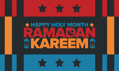 Ramadan Kareem. Happy Holy Month. Crescent, moon, star and lantern. Arabian holiday. Flat style. Greeting card. Creative art. Vector illustration