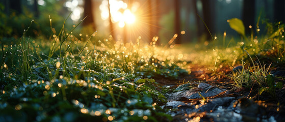 Sunset light streams through a forest, casting a golden glow on the dew-covered underbrush and creating a magical bokeh effect