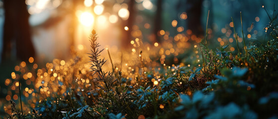 Sunset light streams through a forest, casting a golden glow on the dew-covered underbrush and creating a magical bokeh effect - obrazy, fototapety, plakaty