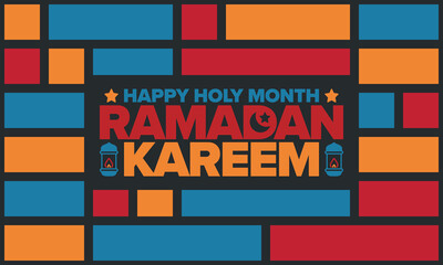 Ramadan Kareem. Happy Holy Month. Crescent, moon, star and lantern. Arabian holiday. Flat style. Greeting card. Creative art. Vector illustration