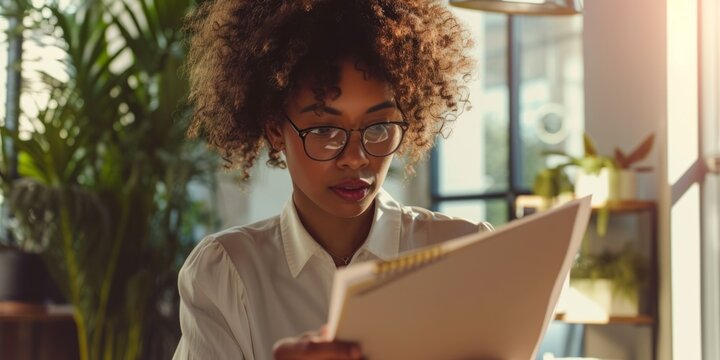 African Woman With Curly Hair And Glasses Analyzes Company Records In Office. Сoncept Corporate Analysis, Data Interpretation, Office Work, African Woman, Curly Hair, Glasses