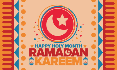 Ramadan Kareem. Happy Holy Month. Crescent, moon, star and lantern. Arabian holiday. Flat style. Greeting card. Creative art. Vector illustration