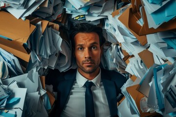 Busy Businessman Overwhelmed With Work, Buried Under Mountain Of Files. Сoncept Serene Beach Retreat, Captivating Cityscape, Majestic Mountain Views