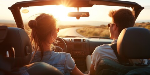 Cheerful Couple Enjoying Car Ride Together, Seen From Behind. Сoncept Road Trip Adventure, Couple Goals, Happy Travelers, Backseat View, Bonding Moments